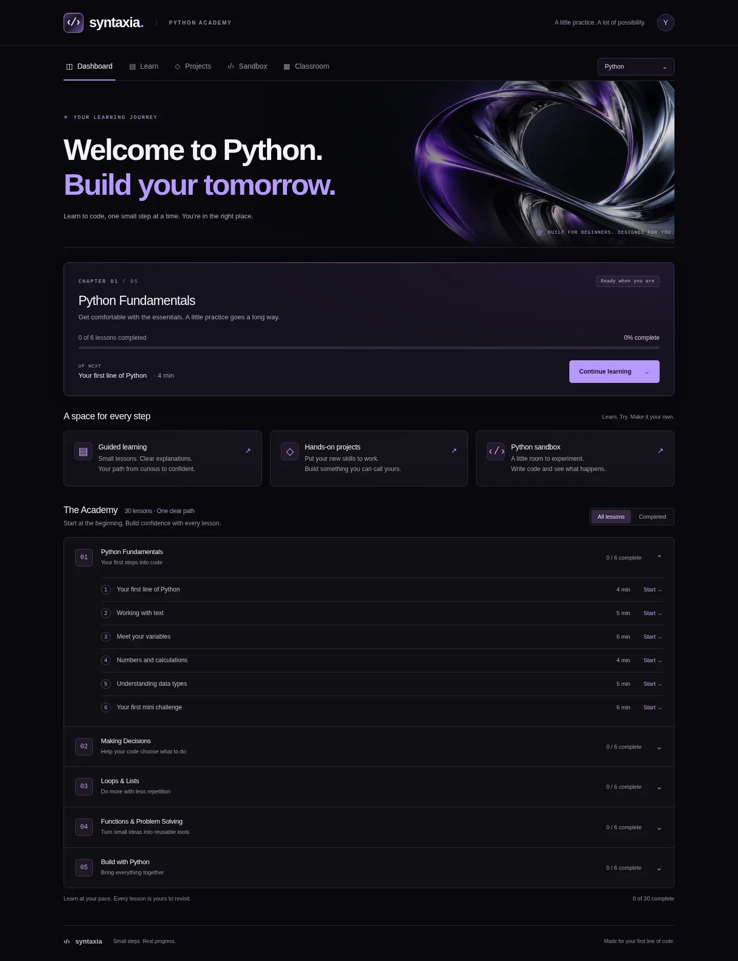 Authentic Syntaxia dashboard showing Python Fundamentals and the learning pathway